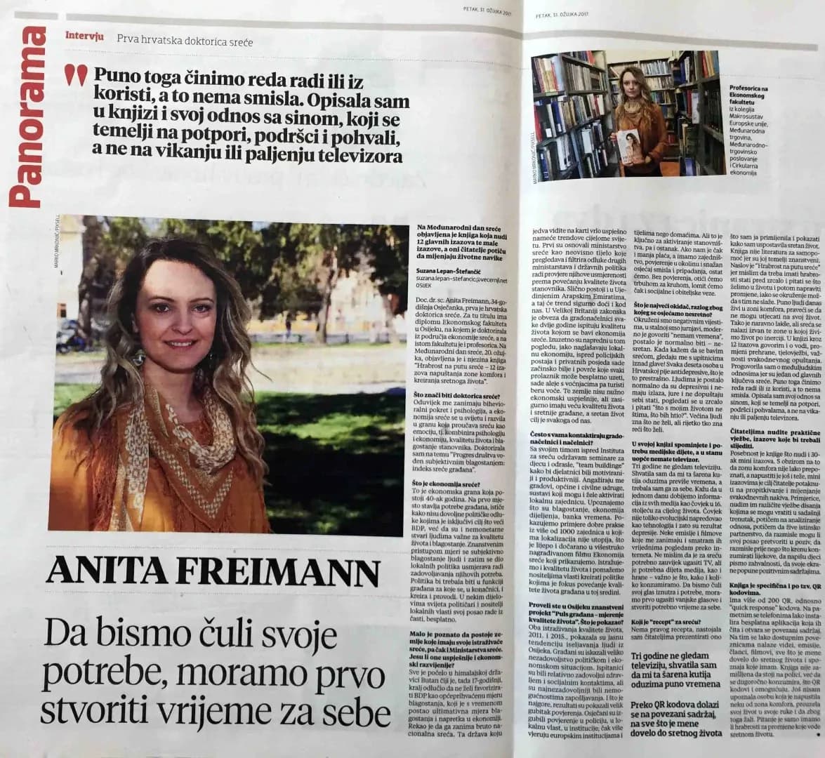 Interview about happiness: We must make time for ourselves in order to hear our own needs, Večernji list, journalist Suzana Lepan-Štefančić, 31. 3. 2017.